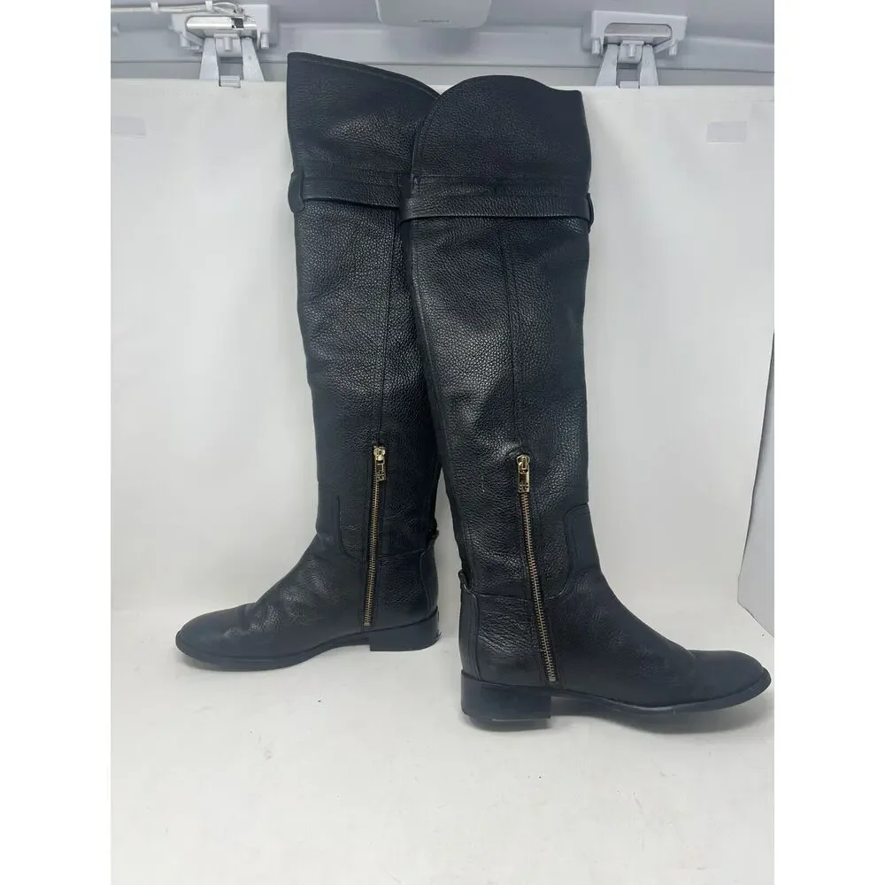 Tory Burch Boots Womens 8.5 M Elena Over‎ The Knee OTK Black Pebbled Leather Zip